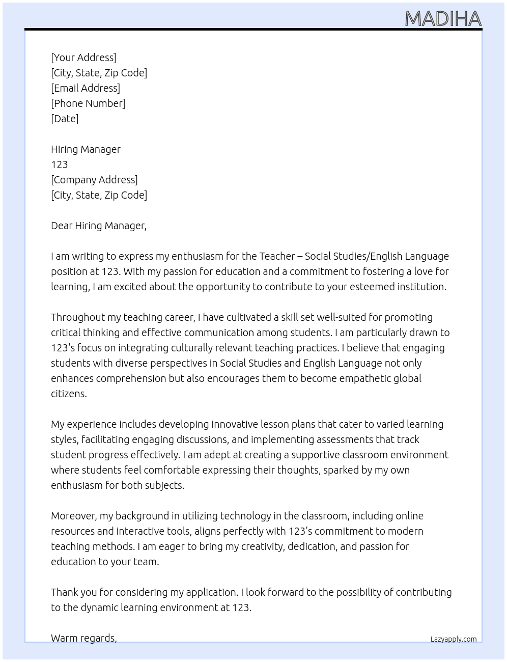 Teacher - Social Studies/English Language At 123 Cover Letter