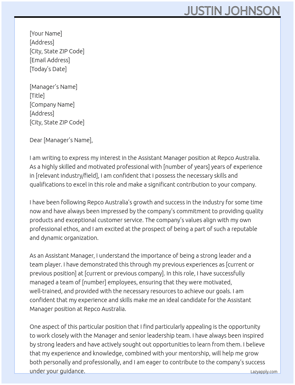 Assistant manager At Repco Australia Cover Letter