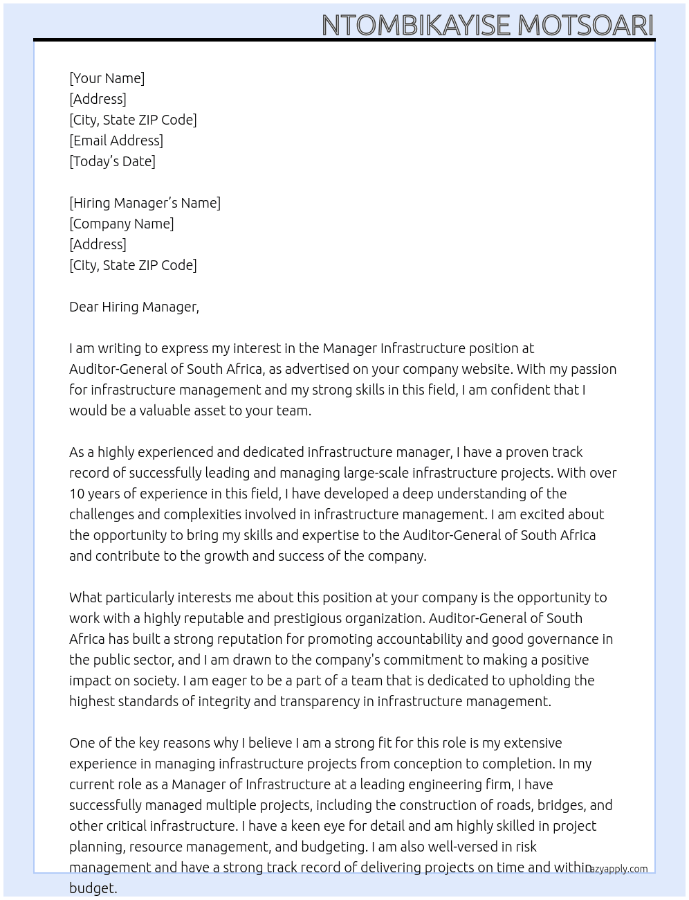 Manager infrastructure At Auditor - General of South Africa Cover Letter