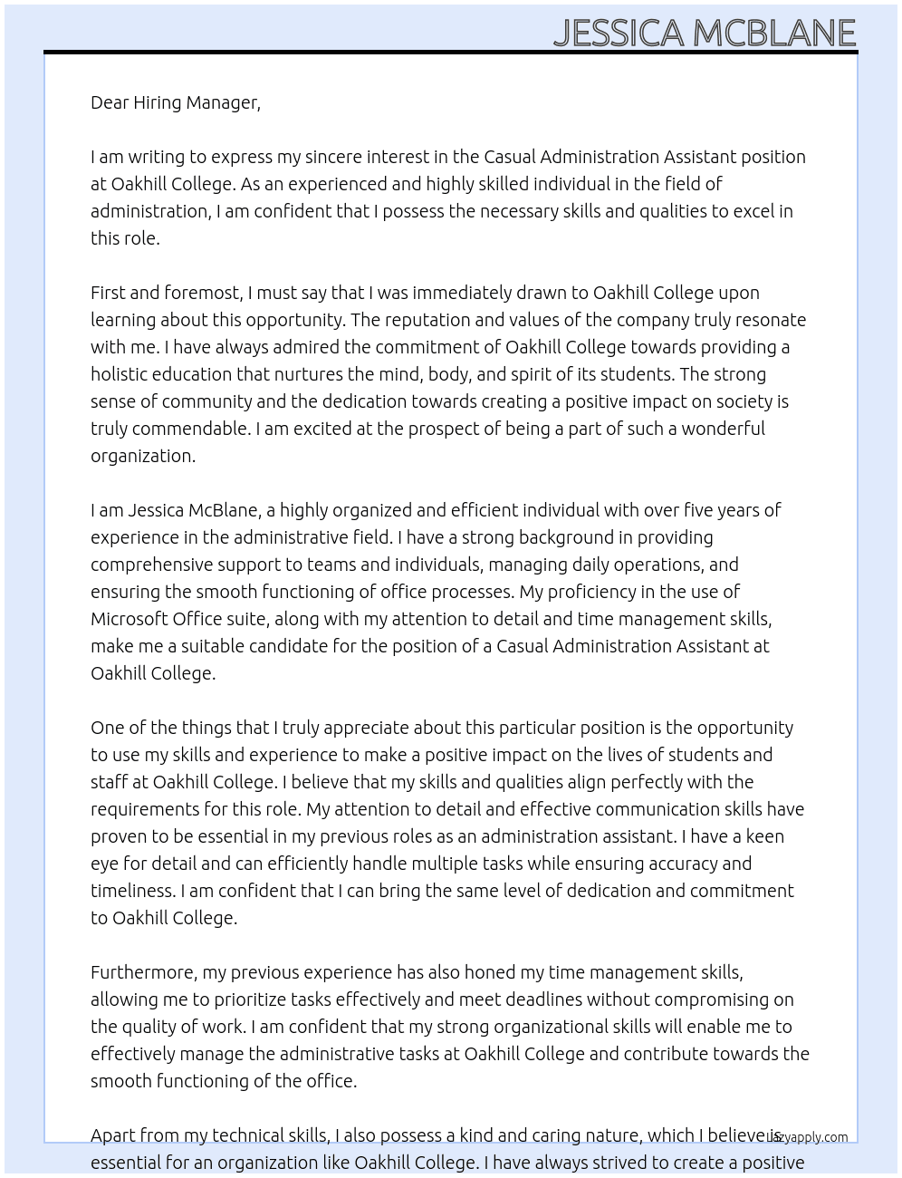 Casual Administration Assistant At Oakhill College Cover Letter