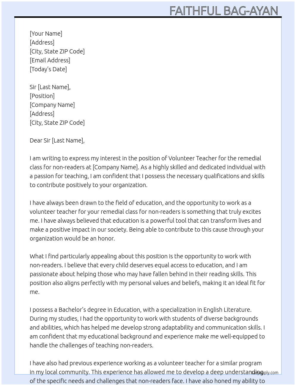 Application letter  At Volunteer teacher for remedial class for non readers Cover Letter