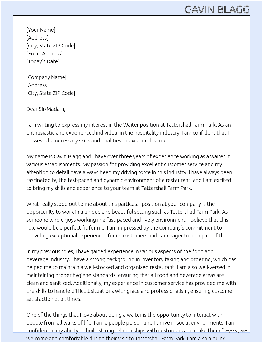 Waiter At Tattershall Farm Park Cover Letter