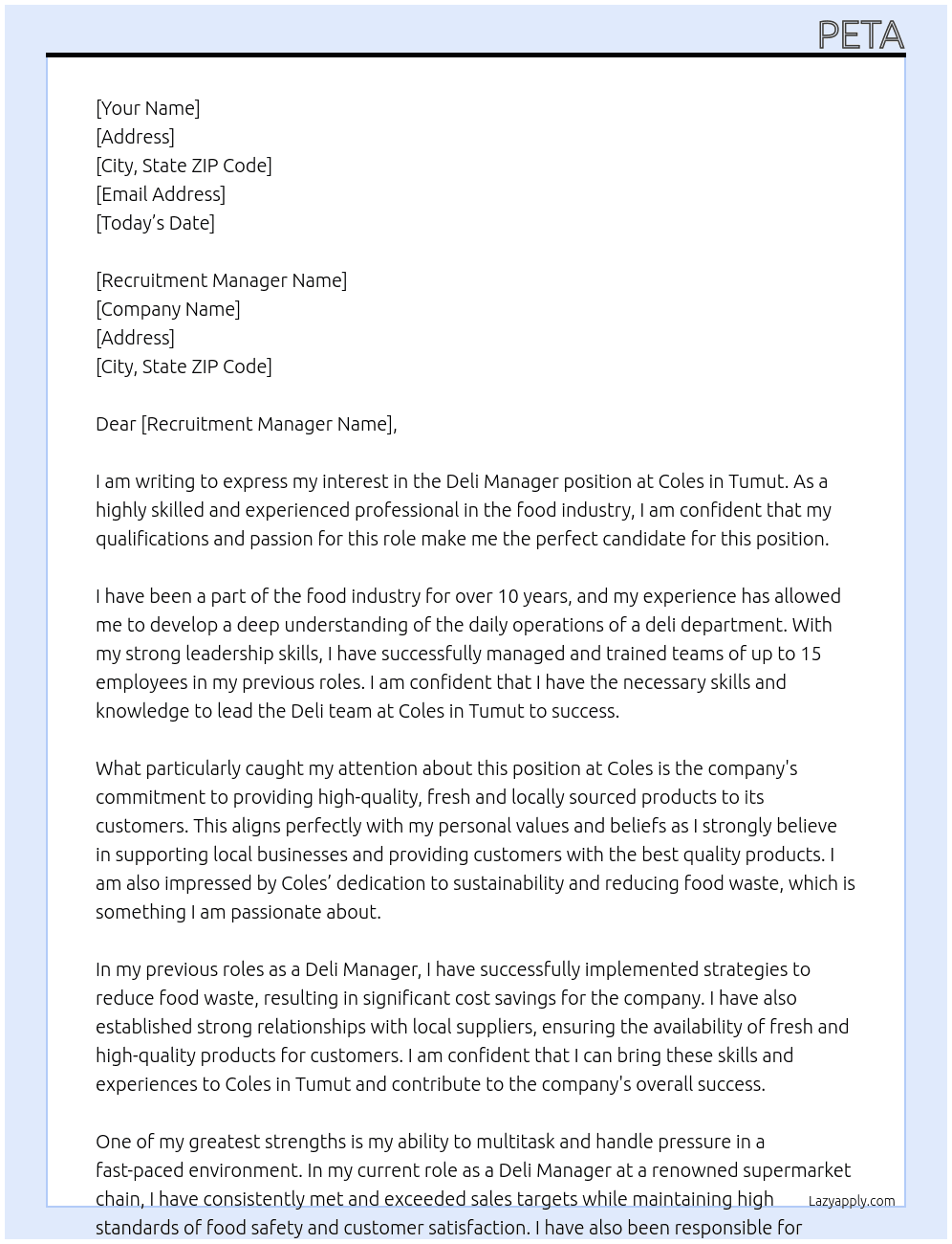 Deli Manager  At Coles -Tumut Cover Letter