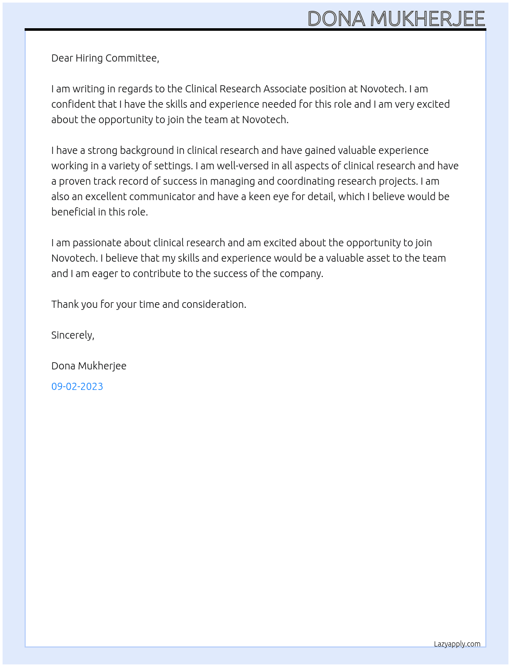 Clinical Research Associate At Novotech  Cover Letter