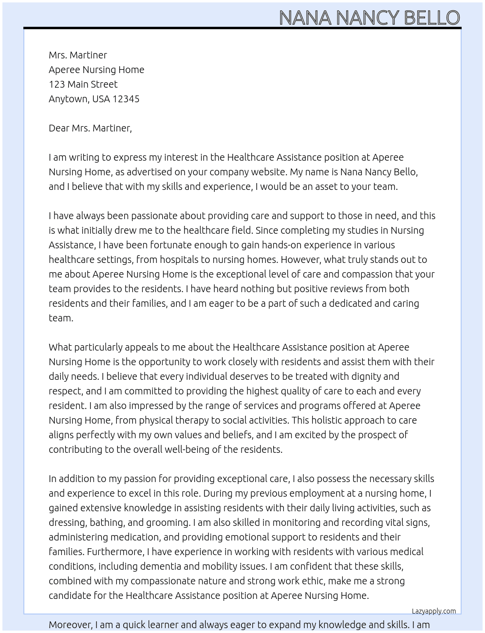 healthcare asistance  At Aperee nursing home  Cover Letter