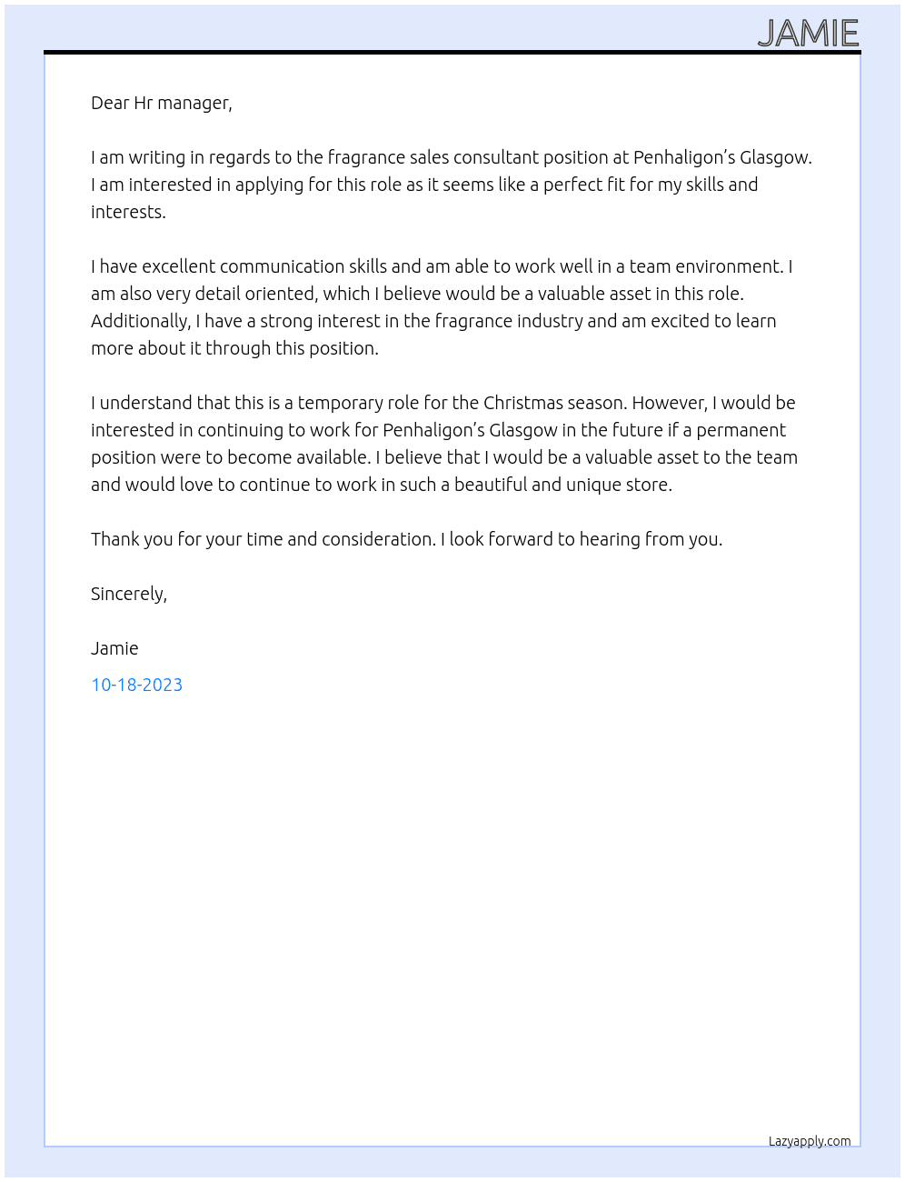 Fragrance sales consultant  At Penhaligon’s Glasgow Cover Letter
