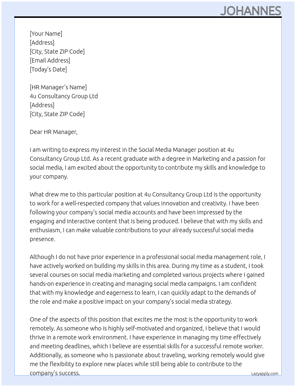 social media manager At 4u Consultancy Group Ltd Cover Letter