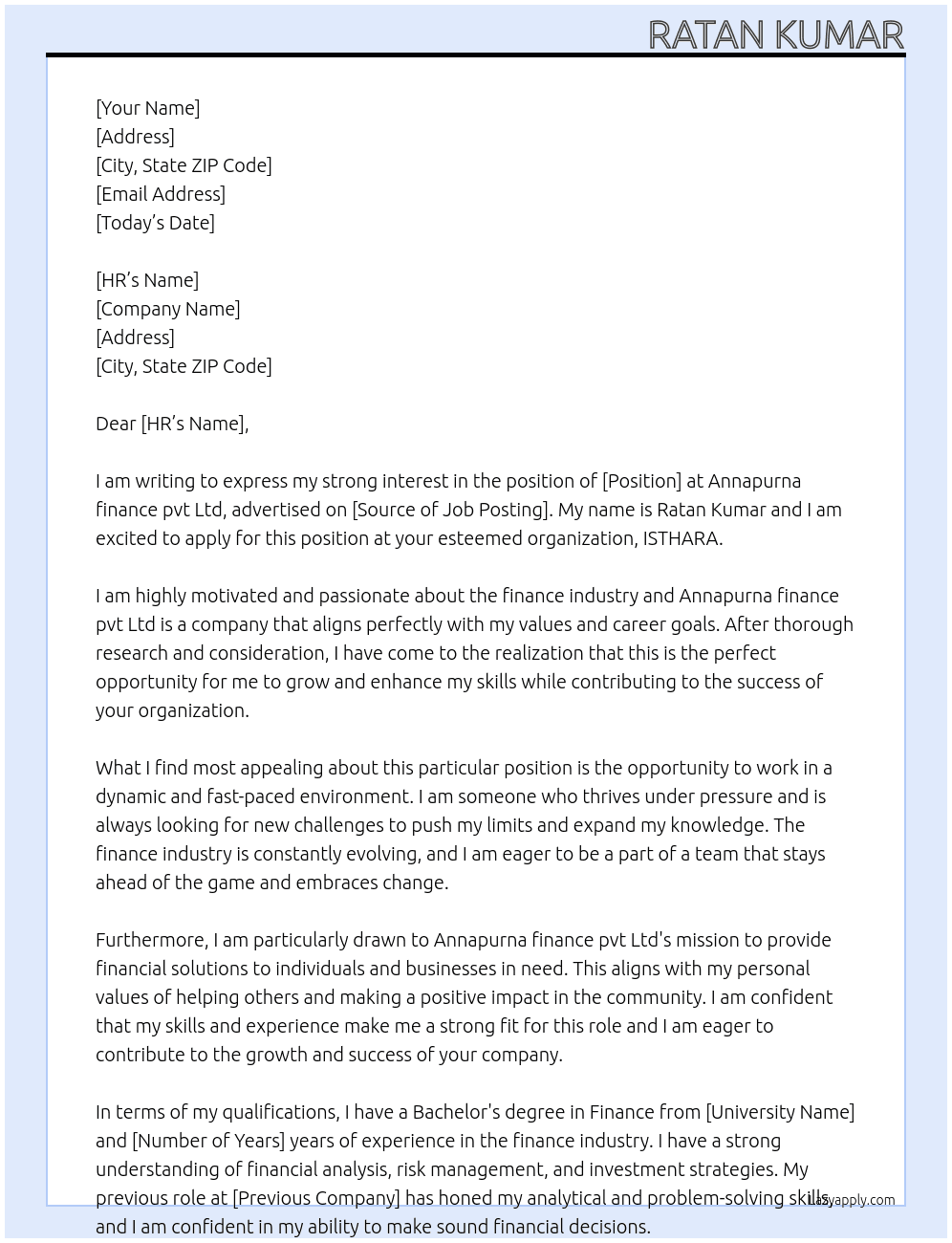 Annapurna finance pvt Ltd  At ISTHARA  Cover Letter