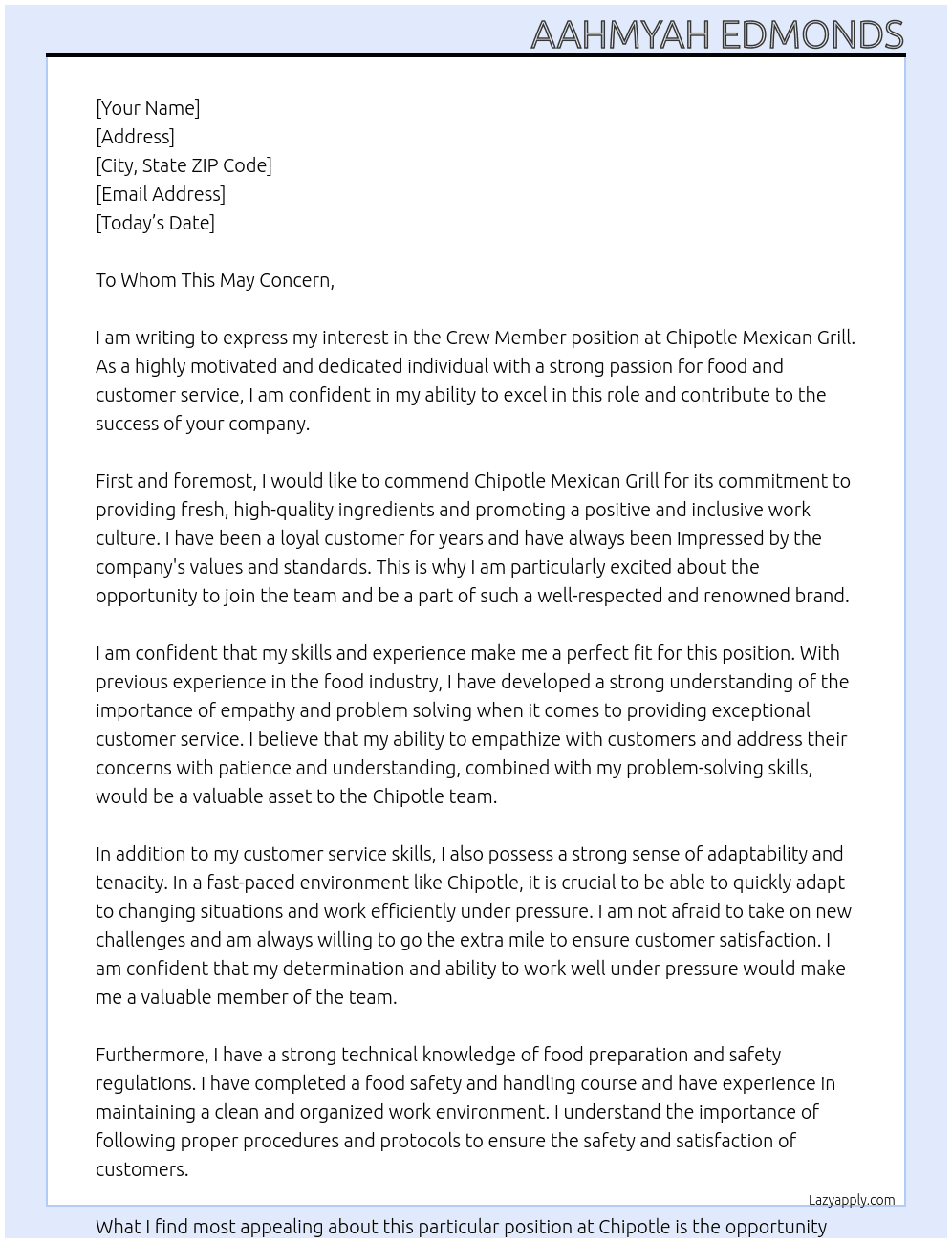 Crew Member At Chipotle Mexican Grill Cover Letter