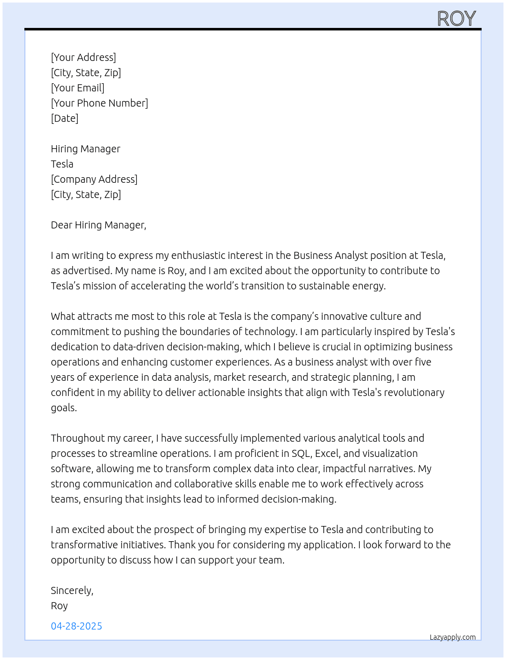 business analyst  At tesla  Cover Letter