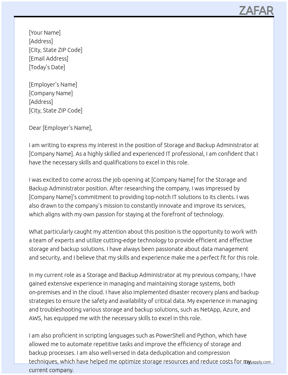 storage and backup administrator At proximus Cover Letter