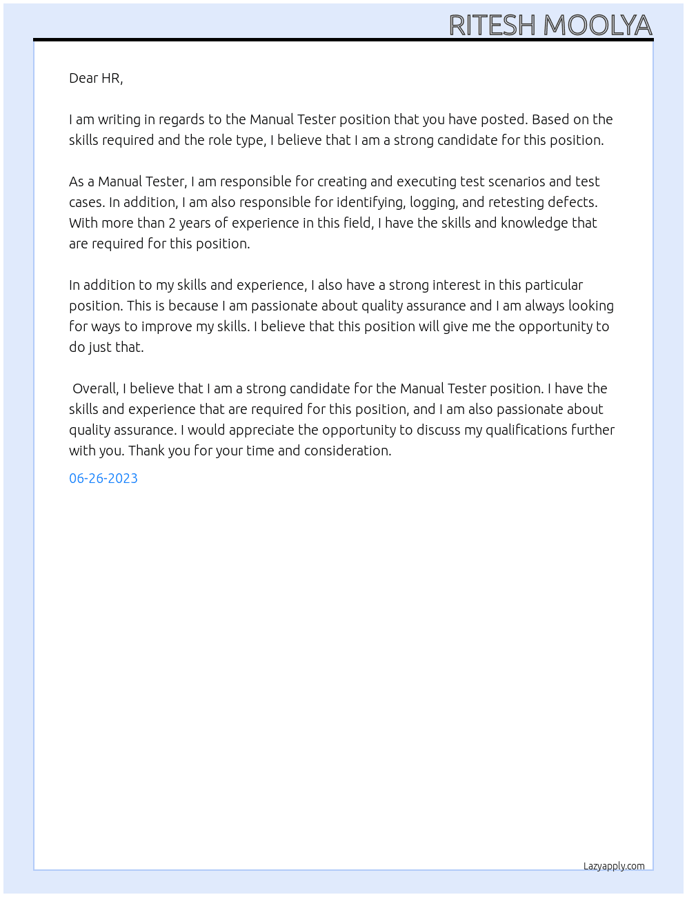 Manual Tester At System Integration Cover Letter