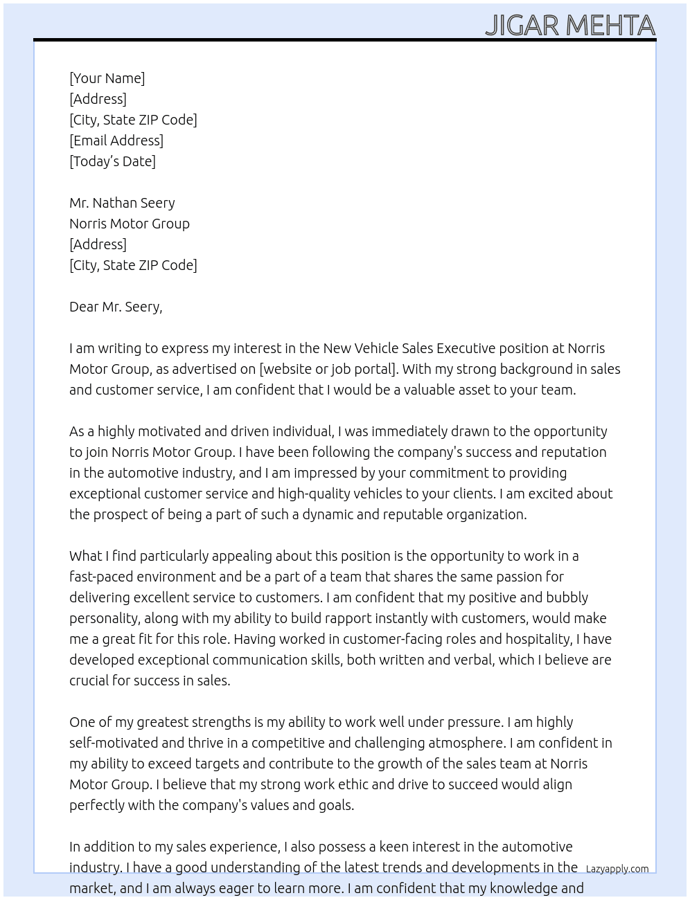 New Vehicle Sales Executive At Norris Motor Group Cover Letter