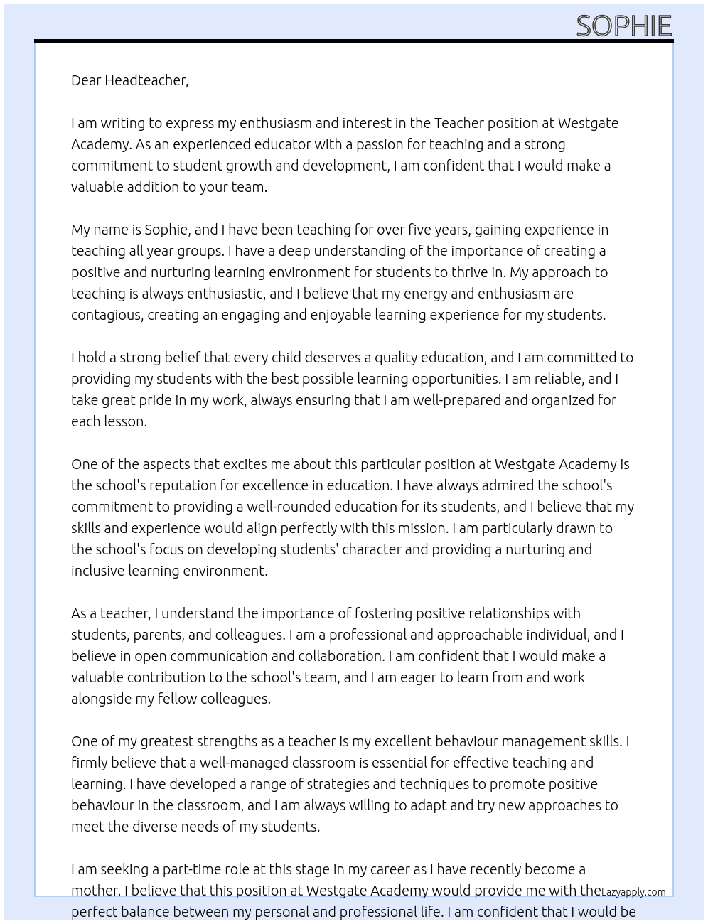 Teacher At Westgate Academy Cover Letter