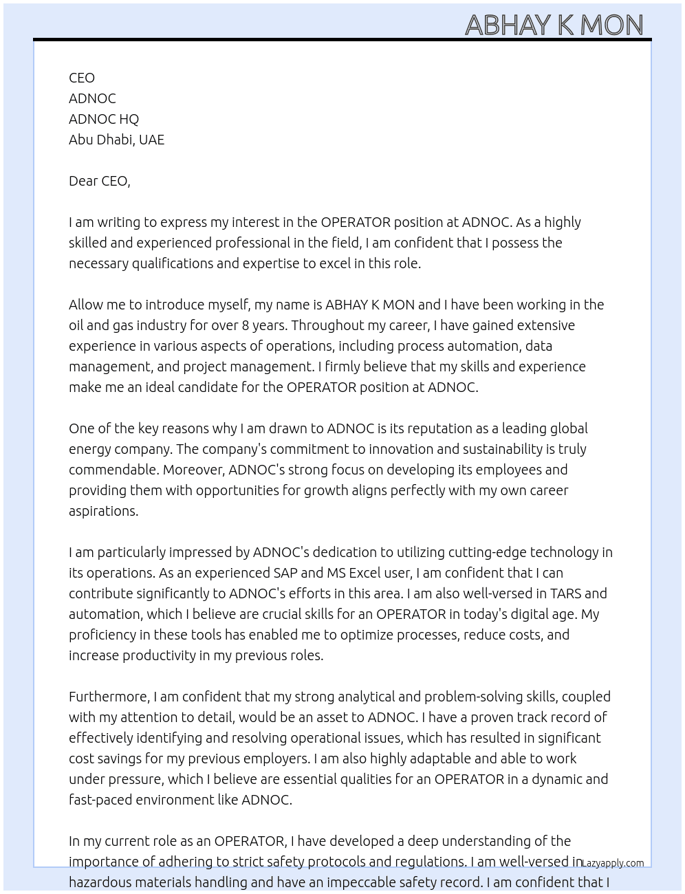 OPERATOR  At ADNOC Cover Letter