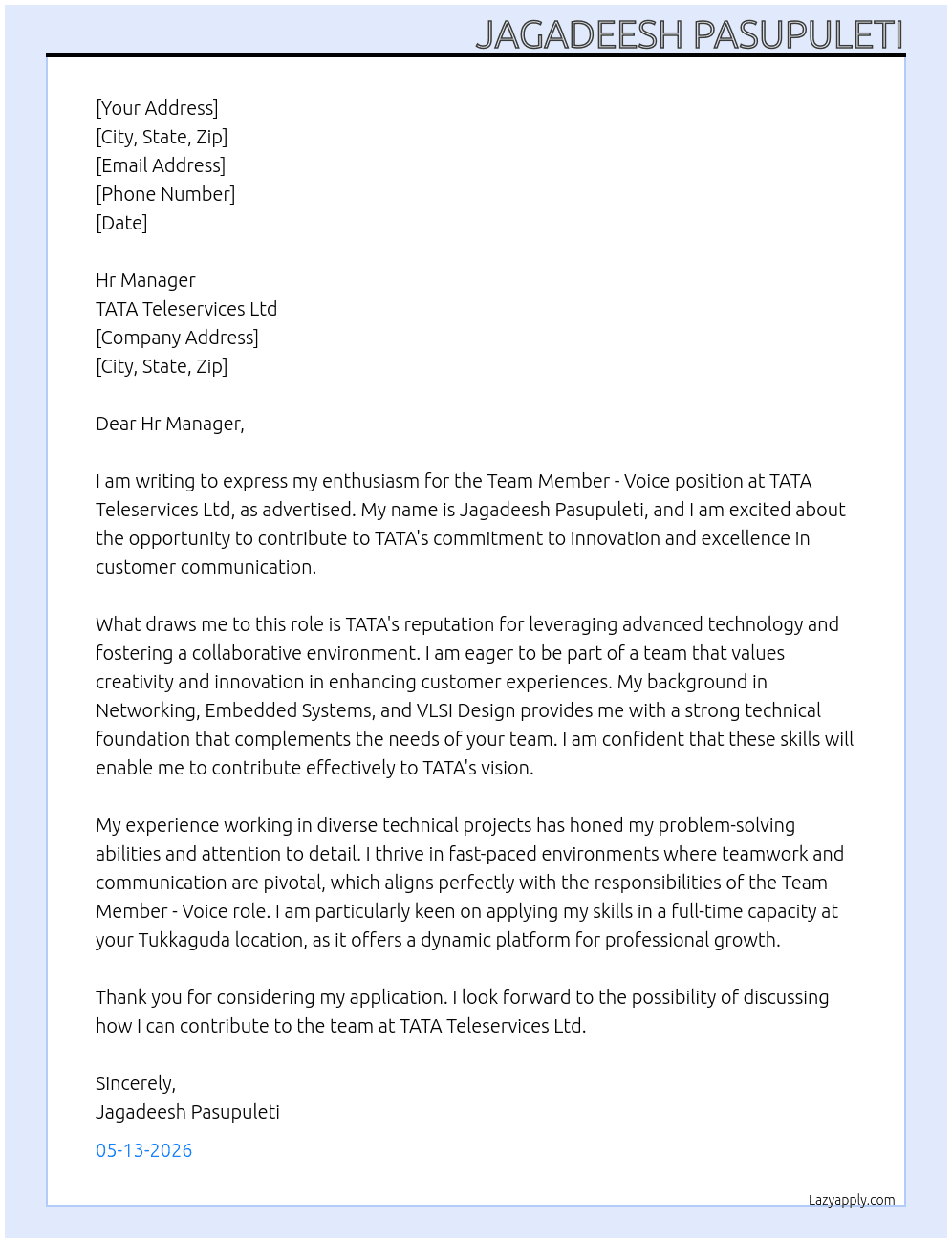 Team member - Voice  At TATA teleservices Ltd  Cover Letter