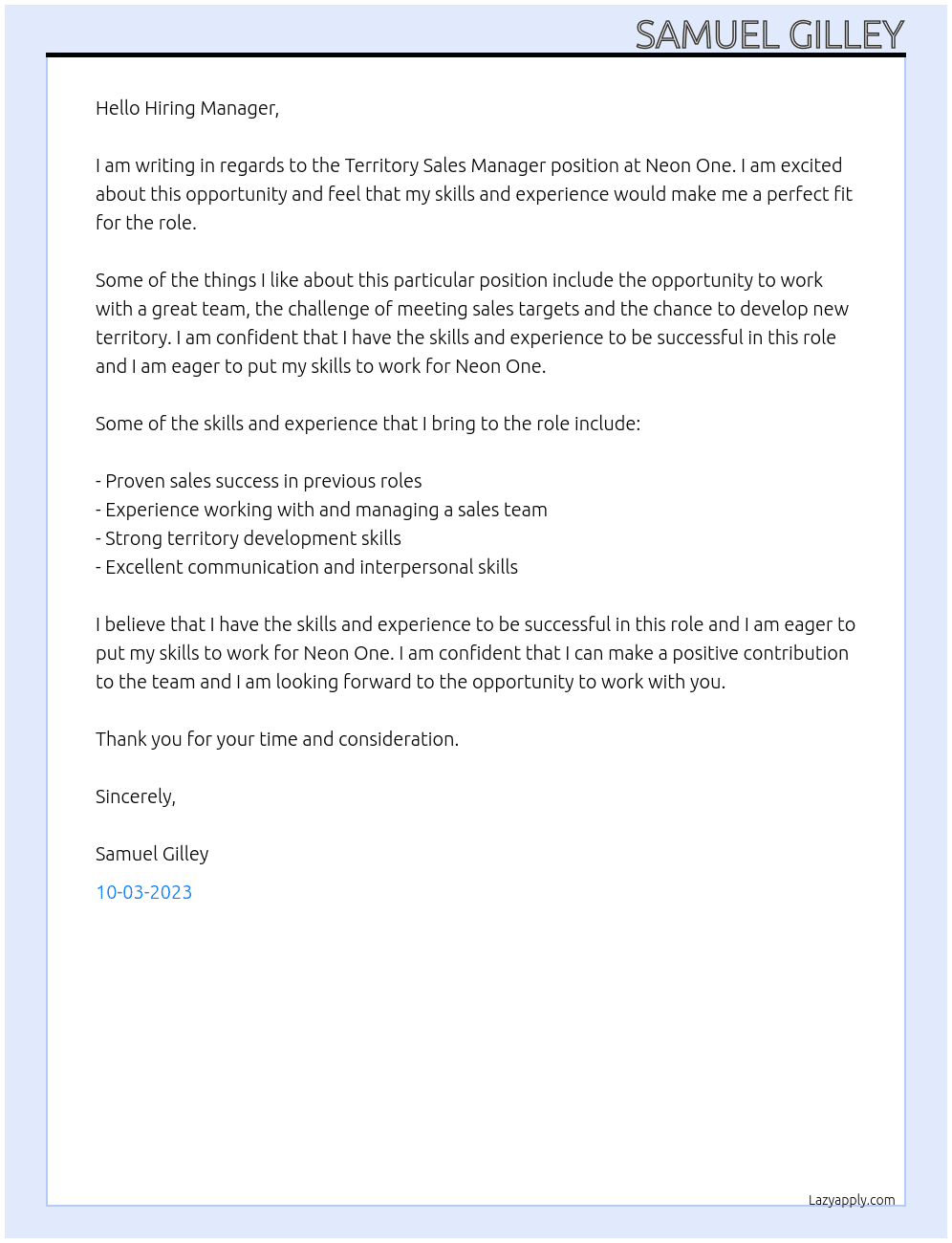Territory Sales Manager At Neon One Cover Letter