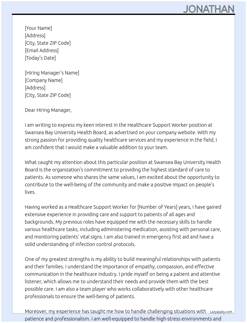 Healthcare Support Worker At Swansea Bay University Health Board Cover Letter
