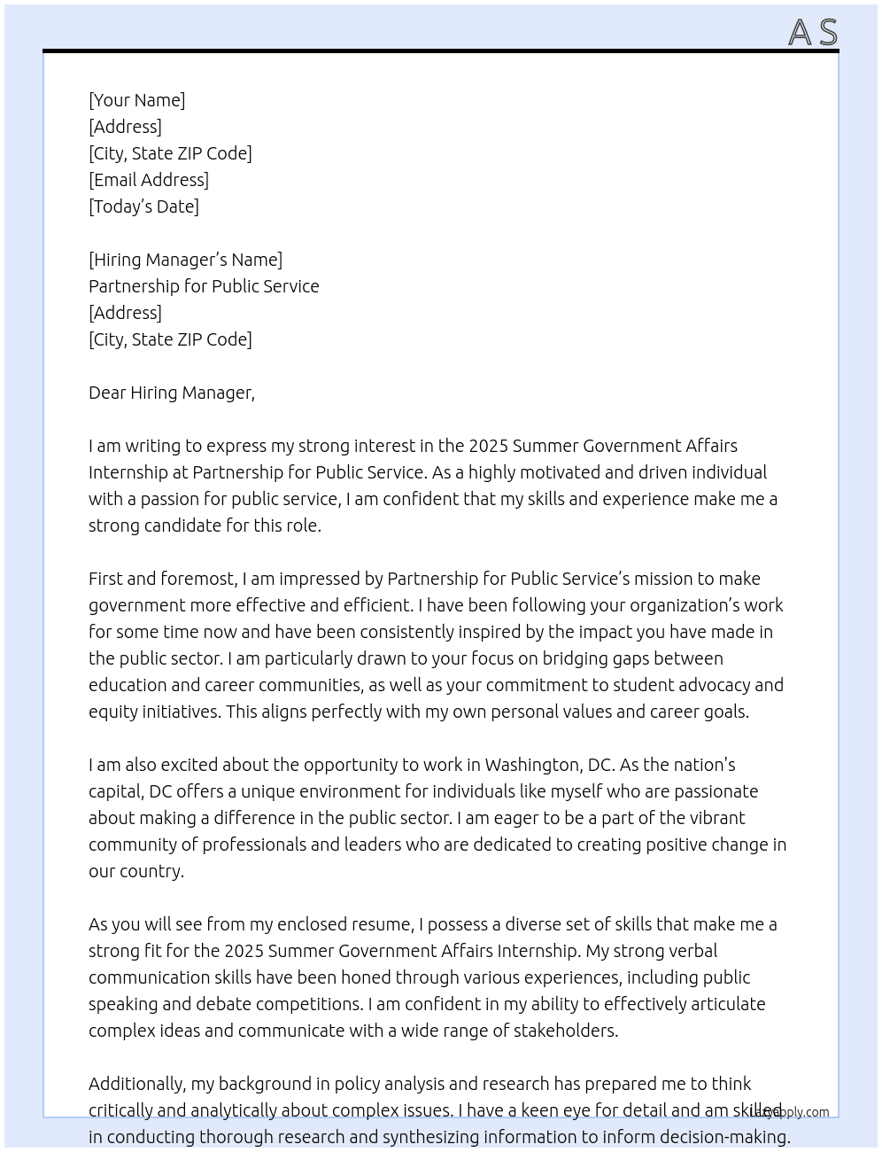 2025 summer government affairs internship  At Partnership for Public Service  Cover Letter