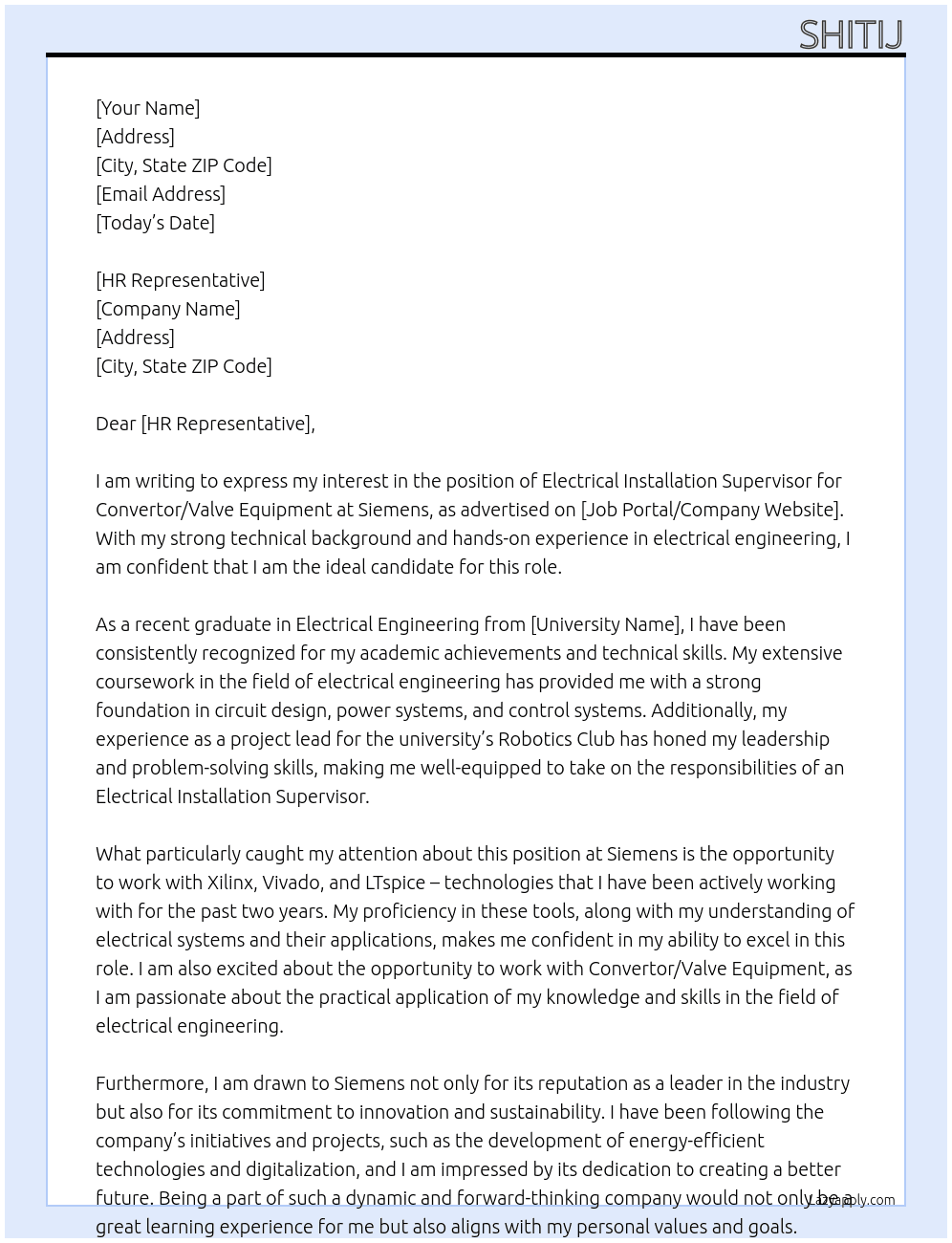 Cover letter for electrical installation supervisor for convertor/valve equipment - LazyApply