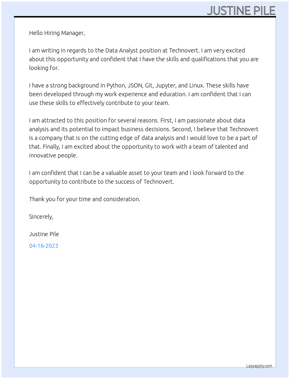 Data analyst  At Technovert Cover Letter