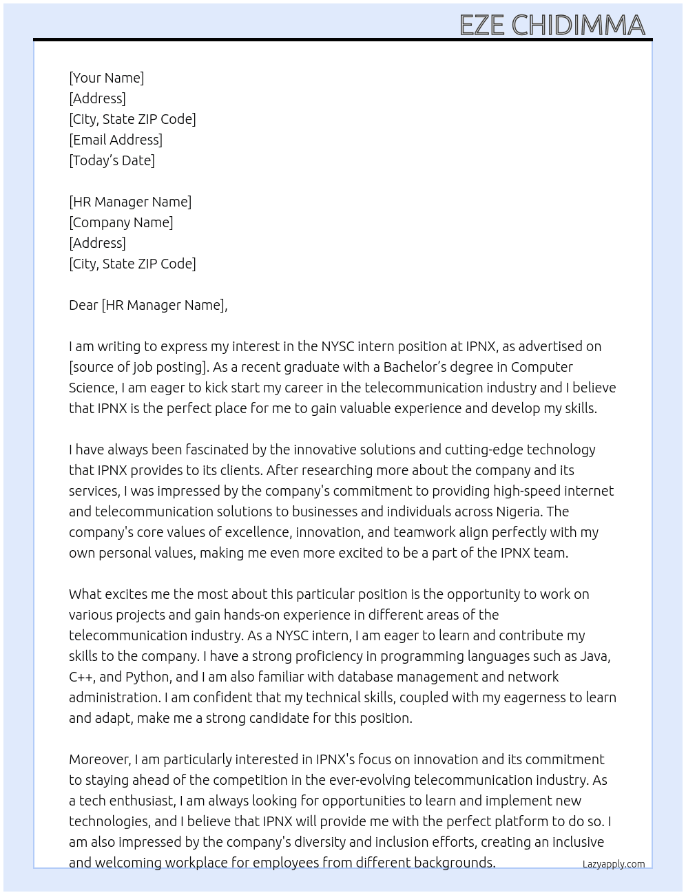 NYSC intern  At IPNX Cover Letter