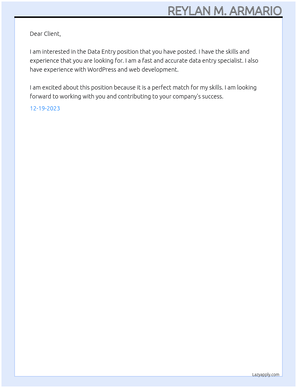 Data Entry At job posted Cover Letter