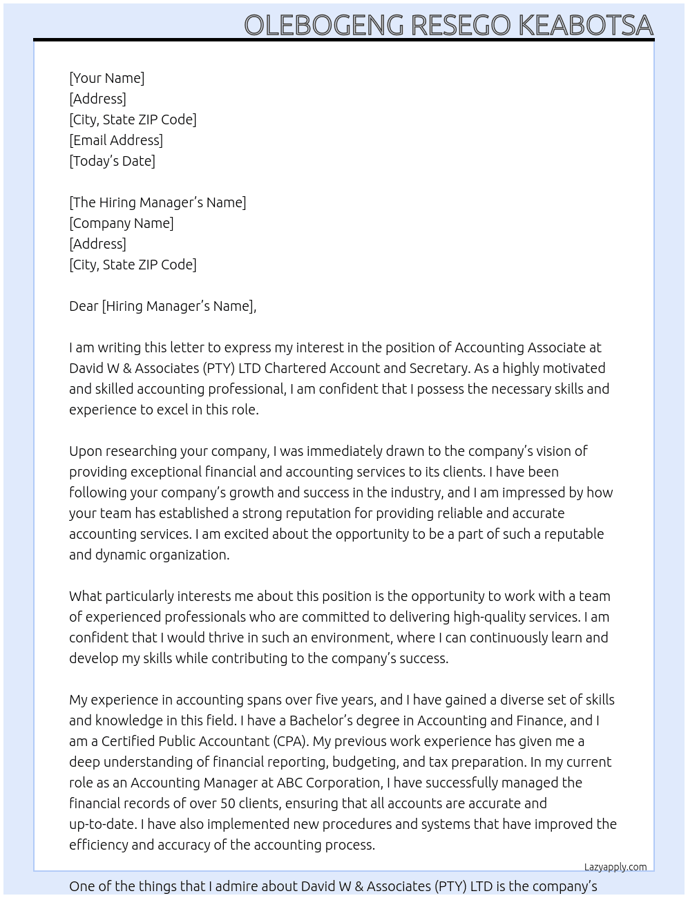 Accounting Associate At David W & Associates (PTY) LTD Chartered Account and Secretary Cover Letter