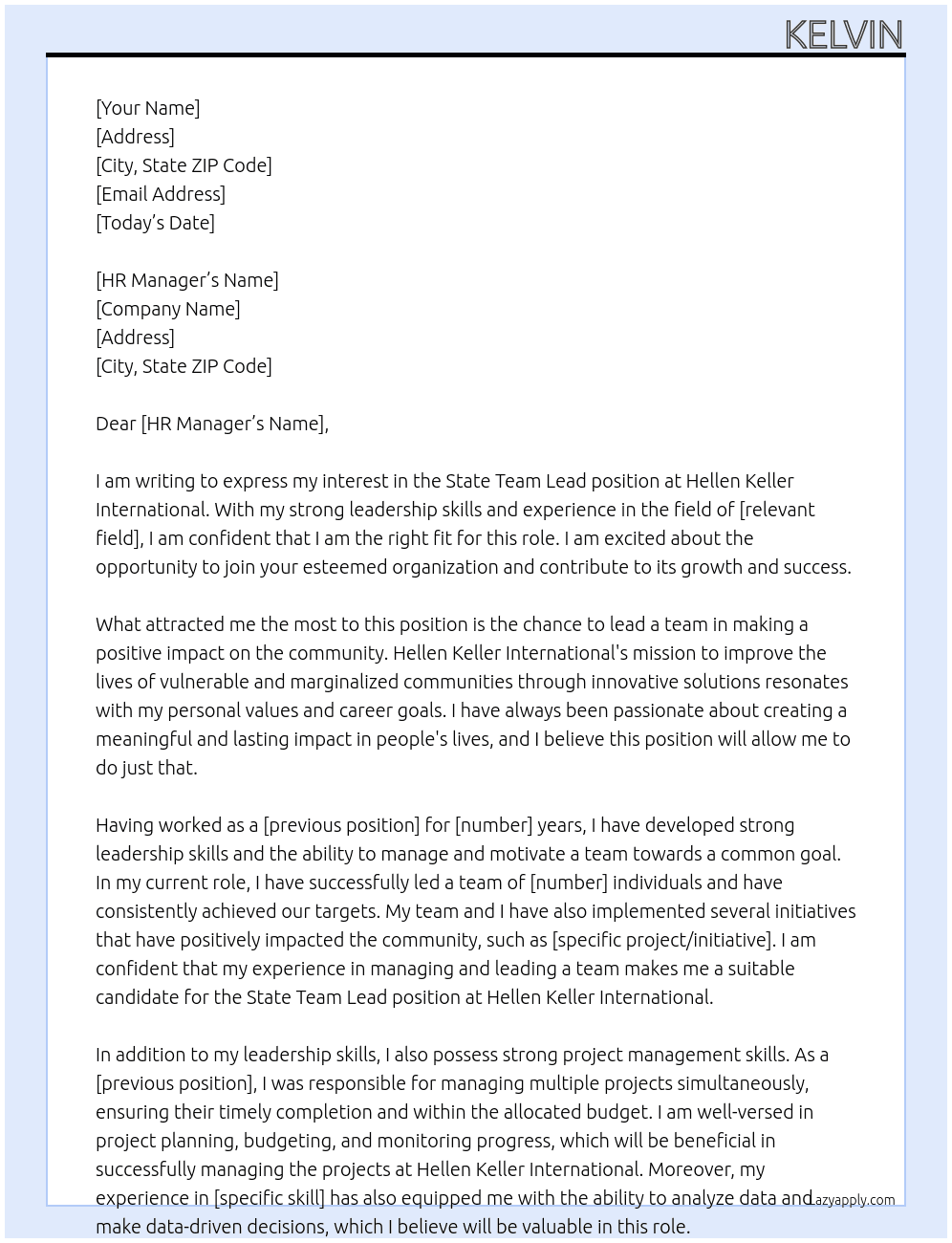State Team Lead At Hellen Keller international Cover Letter