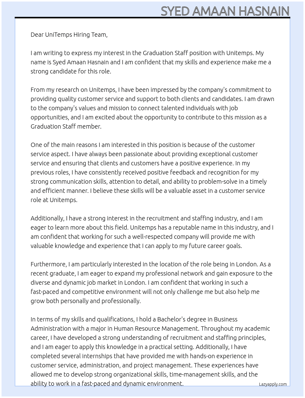 Graduation Staff At Unitemps Cover Letter