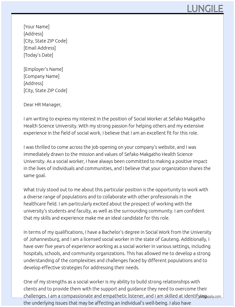Social Worker  At Sefako Makgatho Health Science University  Cover Letter