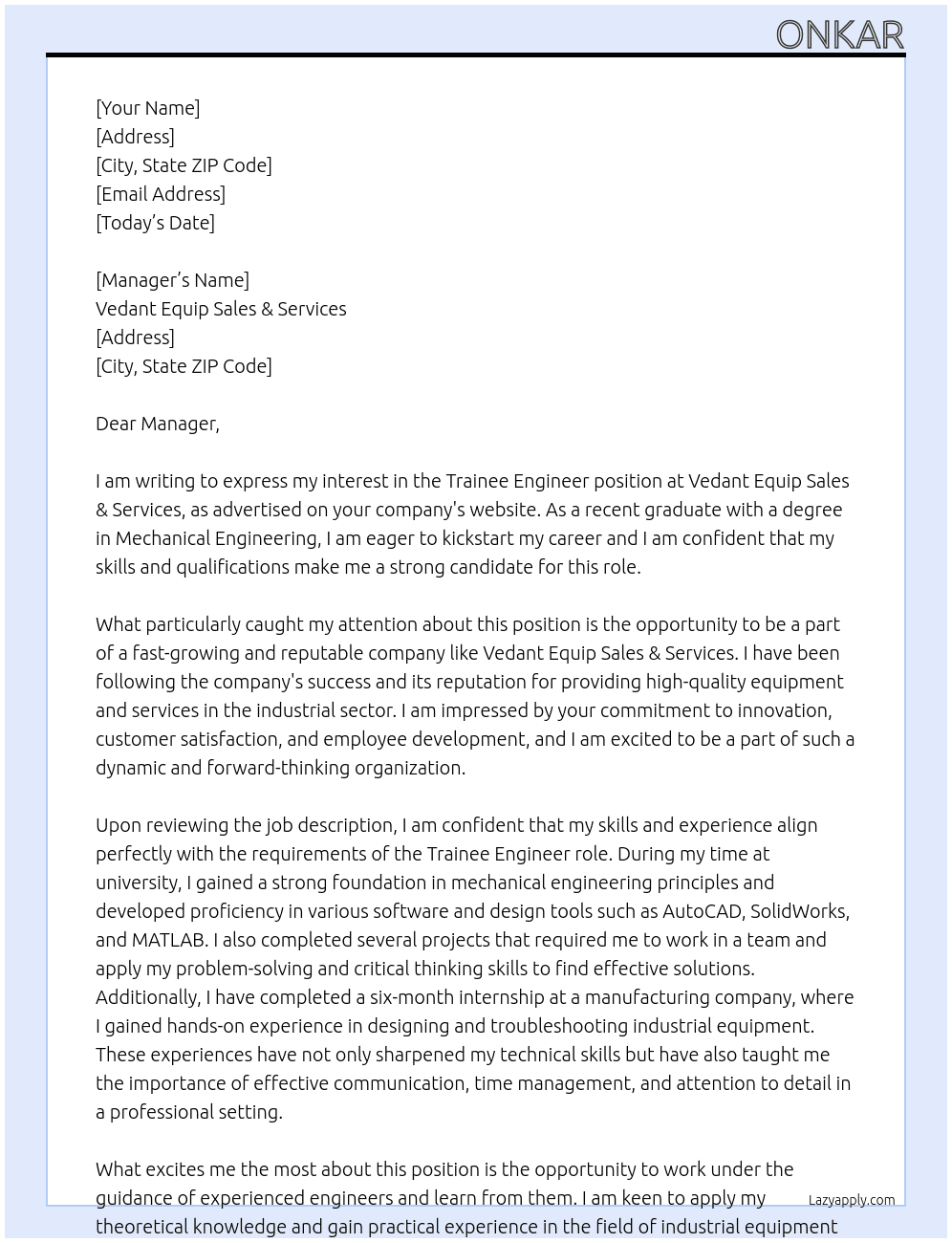 Trainee Engineer At Vedant Equip Sales & Services Cover Letter