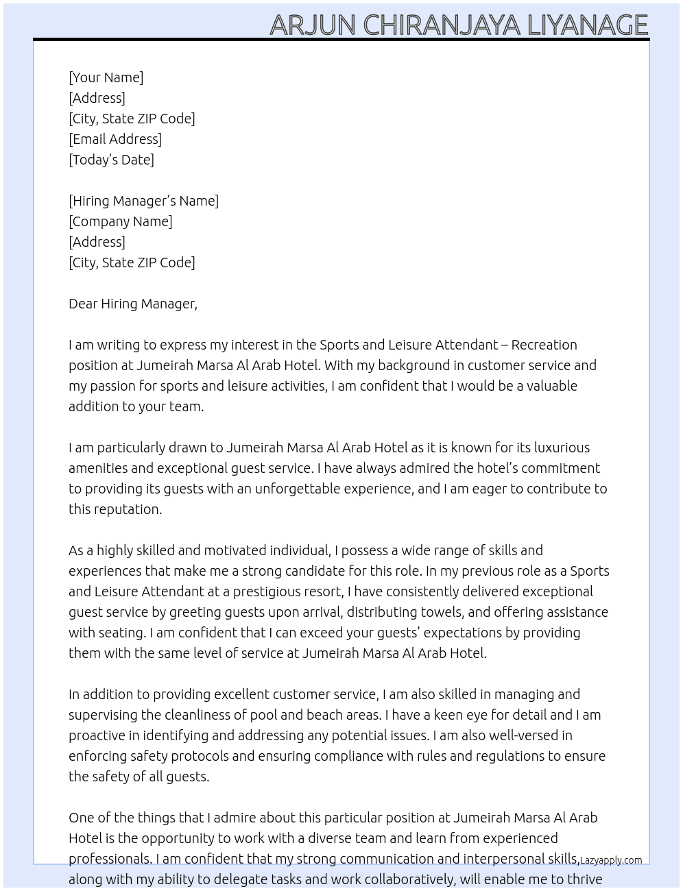 Sports and Leisure Attendant - Recreation At Jumieah Marsa Al Arab Hotel Cover Letter