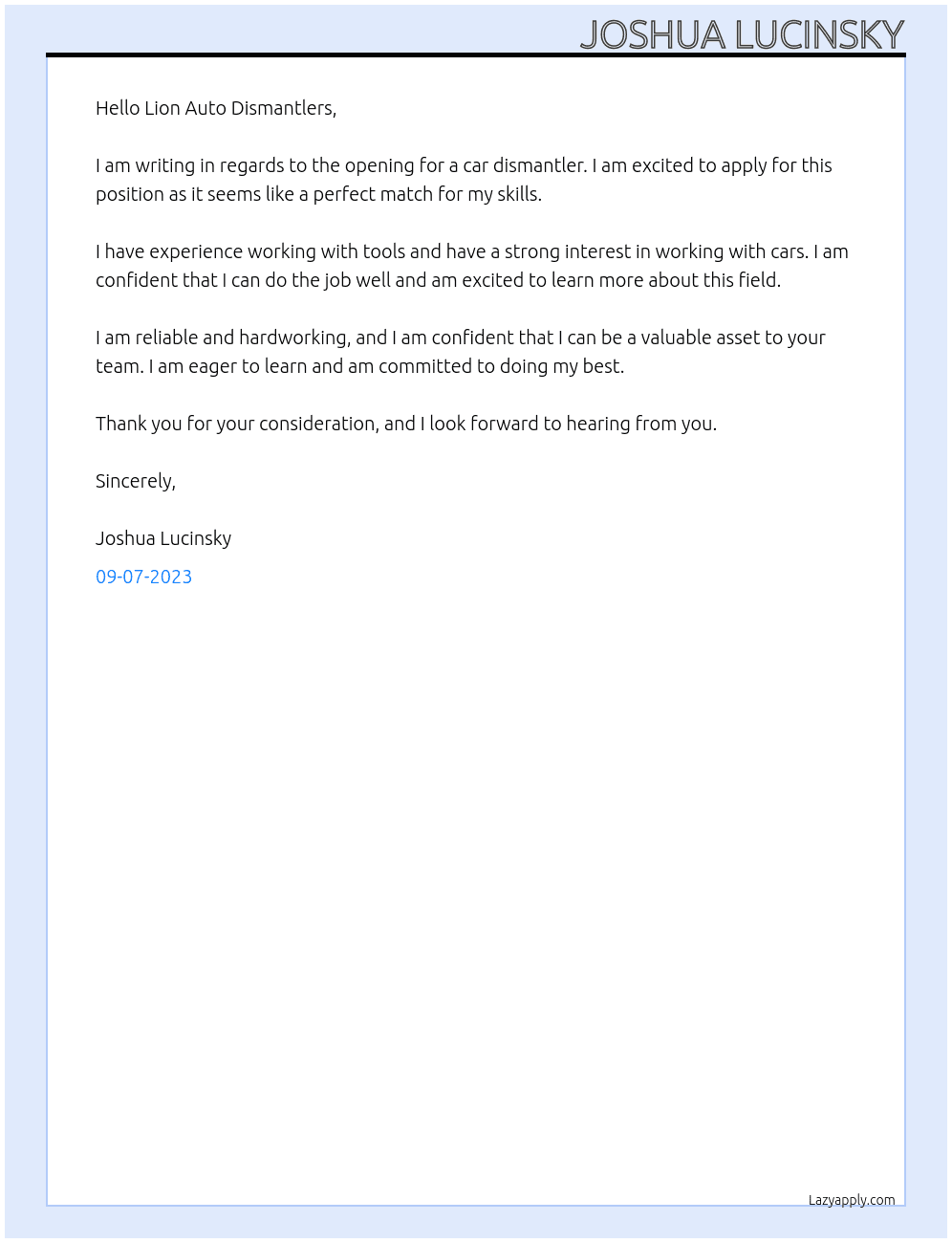 Car Dismantler At Lion Auto Dismantlers Cover Letter