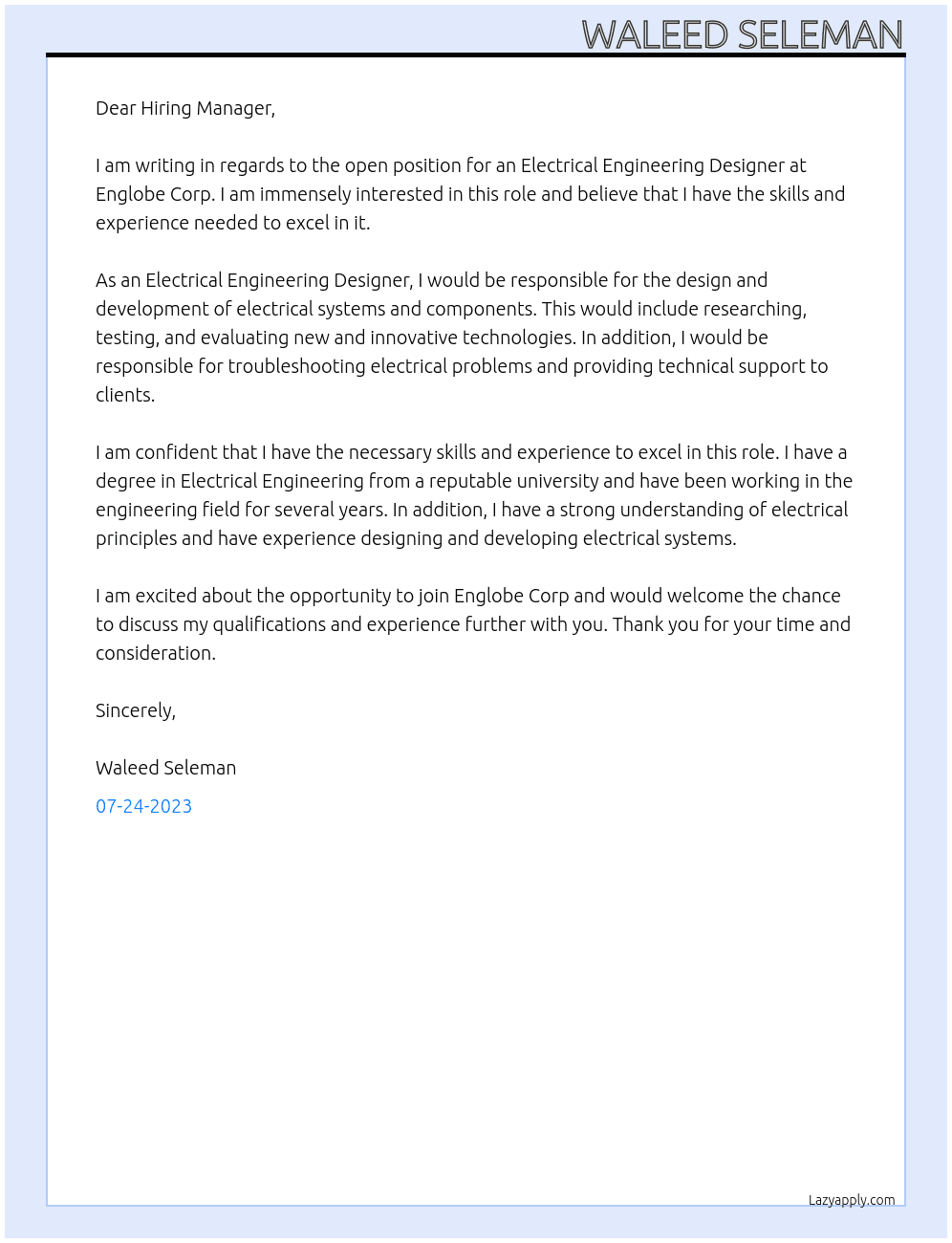 Electrical Engineering Designer At Englobe Corp. Cover Letter