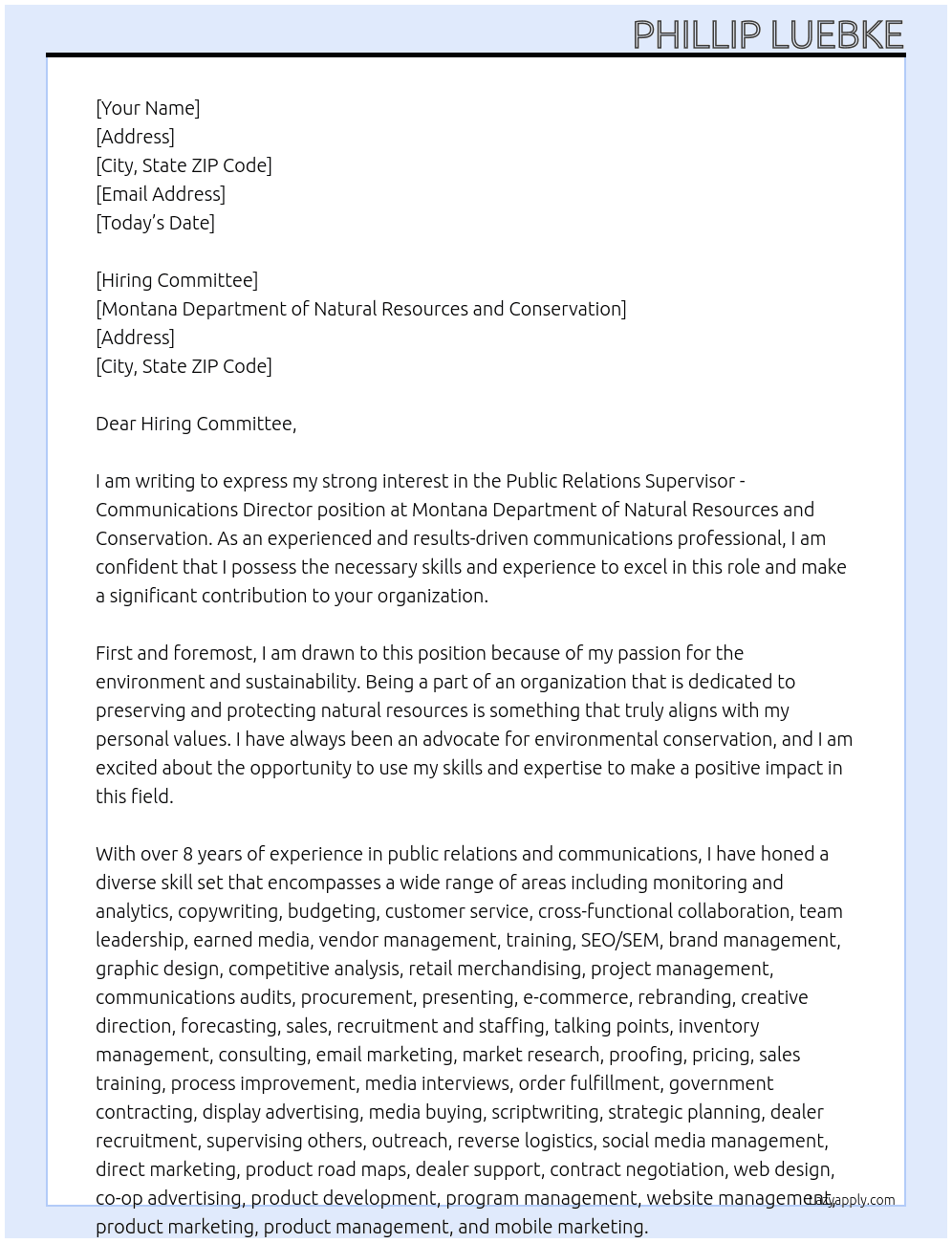 Public Relations Supervisor - Communications Director At Montana Department of Natural Resources and Conservation Cover Letter