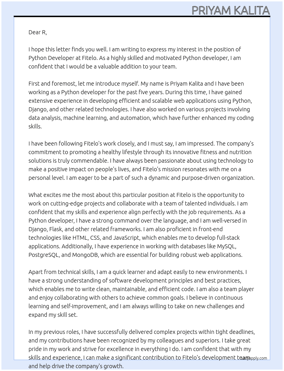 Python Developer At Fitelo Cover Letter