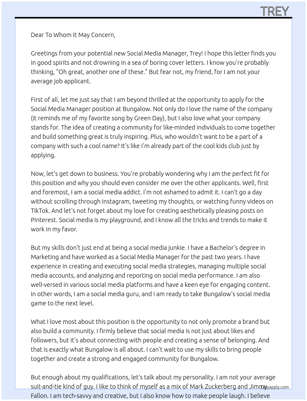 Social Media Manager  At Bungalow Cover Letter