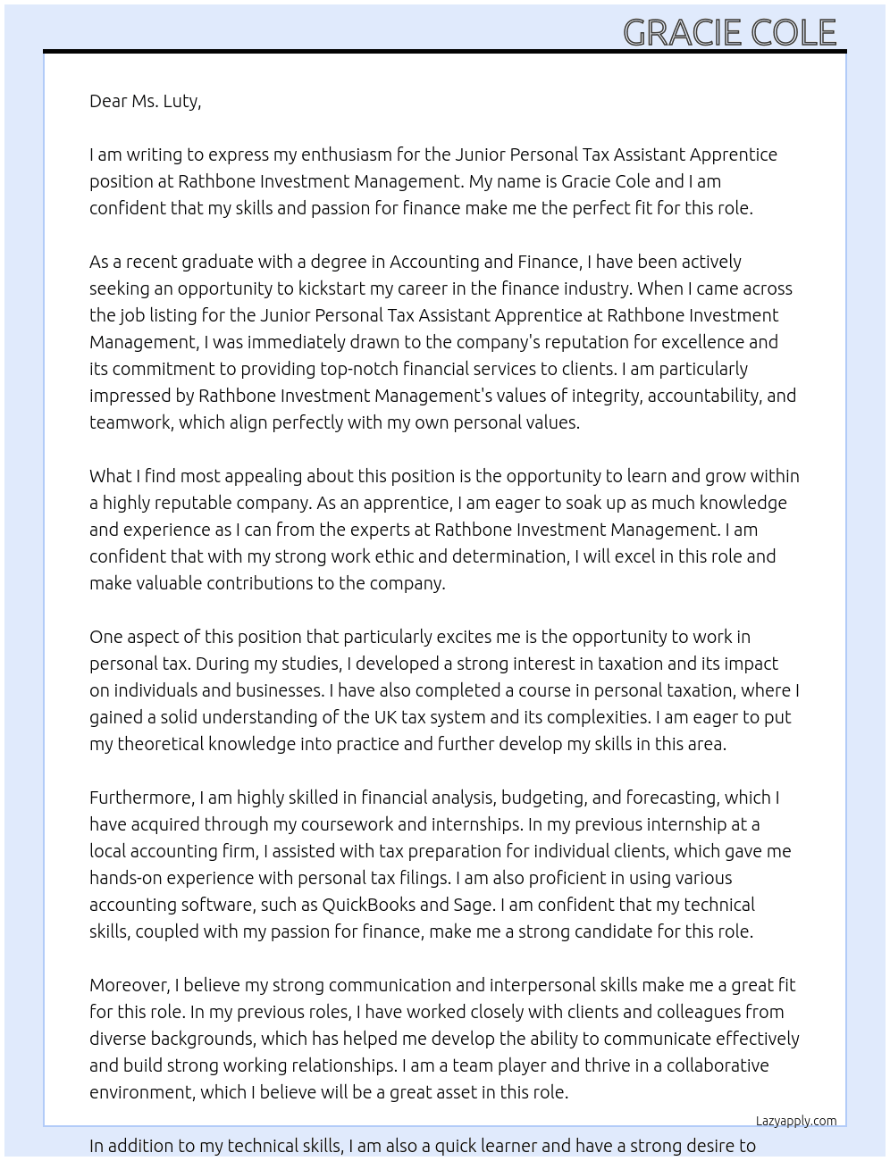 Junior-Personal-Tax-Assistant-Apprentice At Rathbone Investment Management Cover Letter