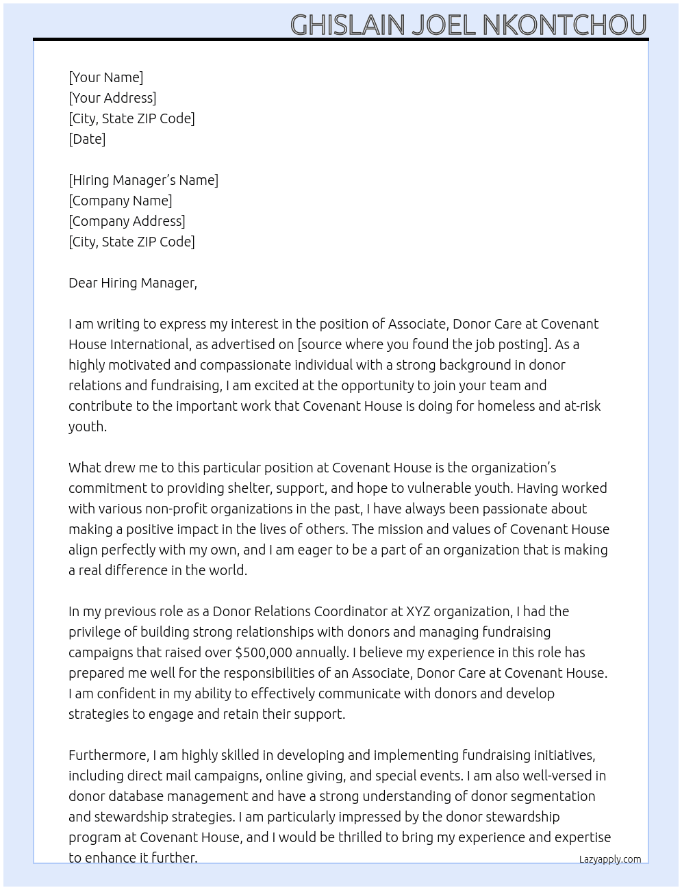 Associate, Donor Care At Covenant House International Cover Letter