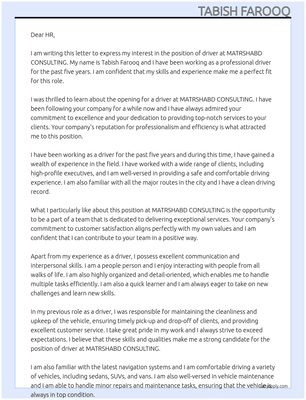 Driver At MATRSHABD CONSULTING Cover Letter