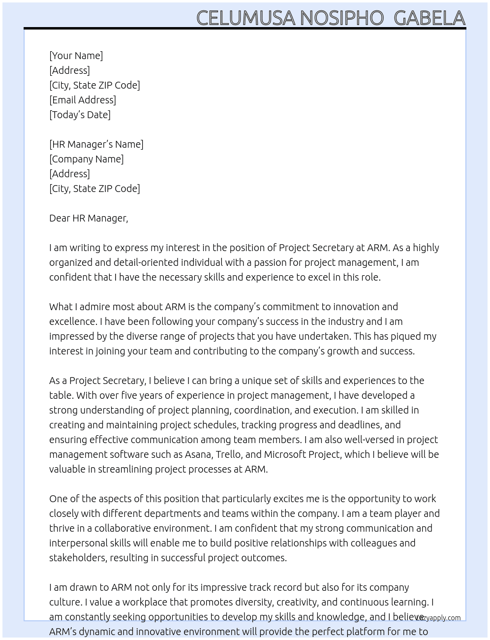 Project secretary  At ARM Cover Letter