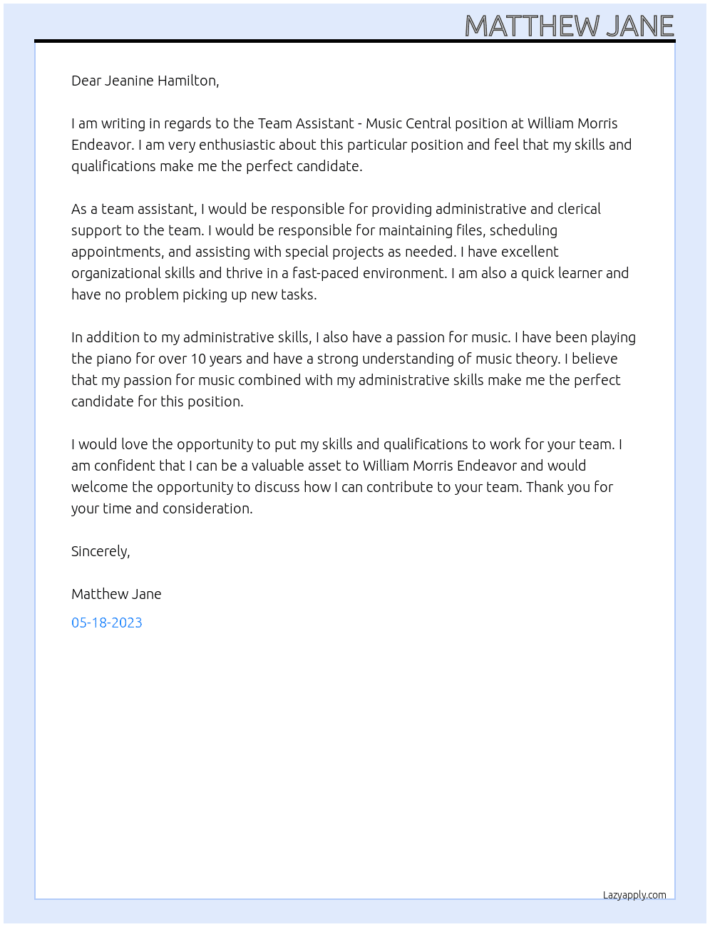Team Assistant - Music Central At William Morris Endevour Cover Letter