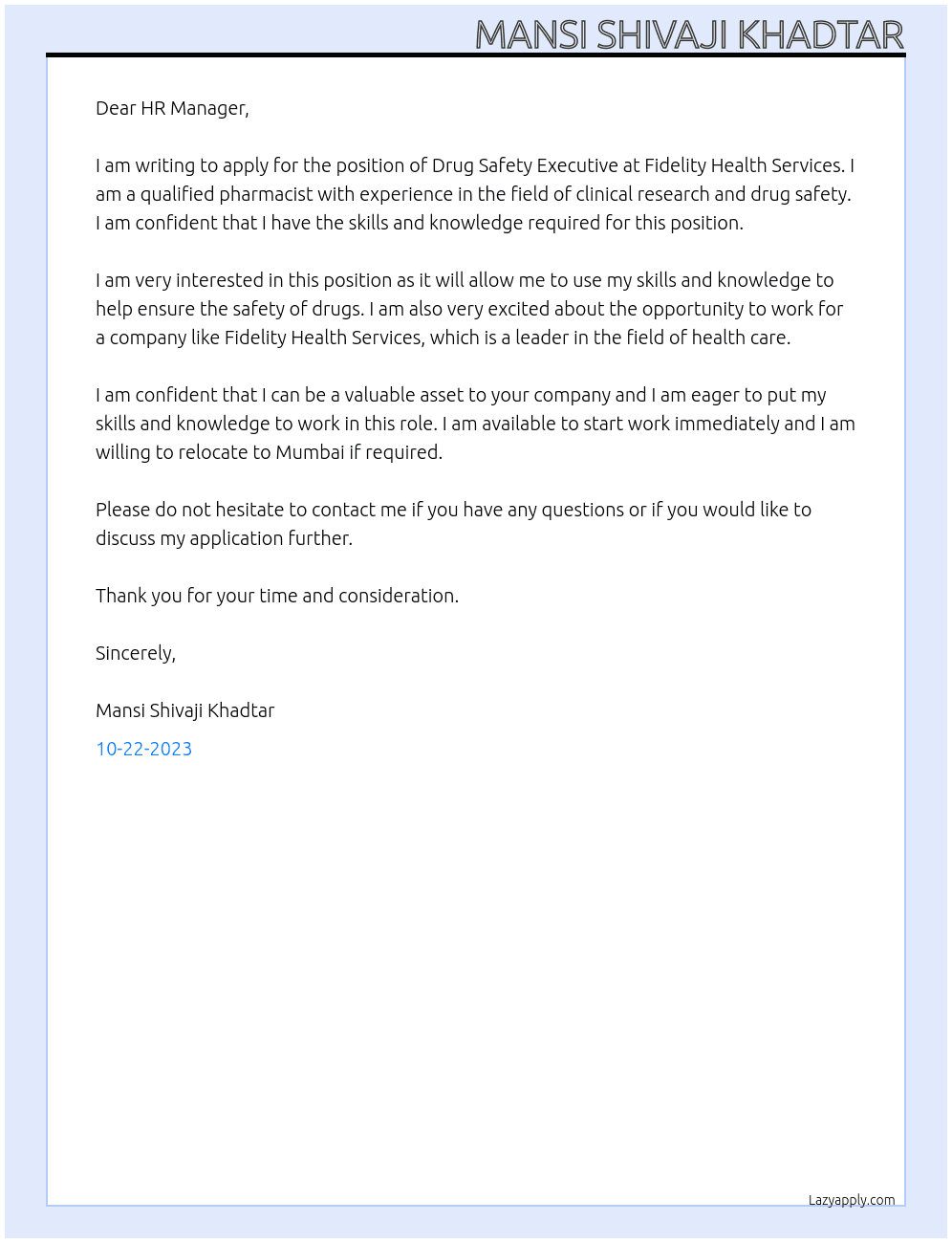 Drug safety executive  At Fidelity Health Service  Cover Letter
