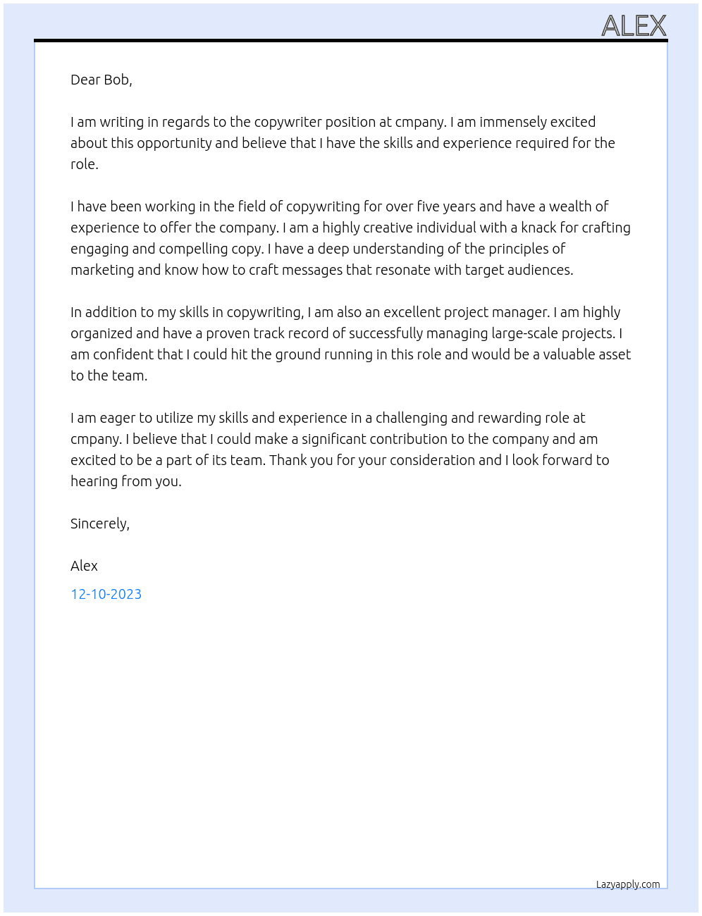 Copywriter At cmpany Cover Letter