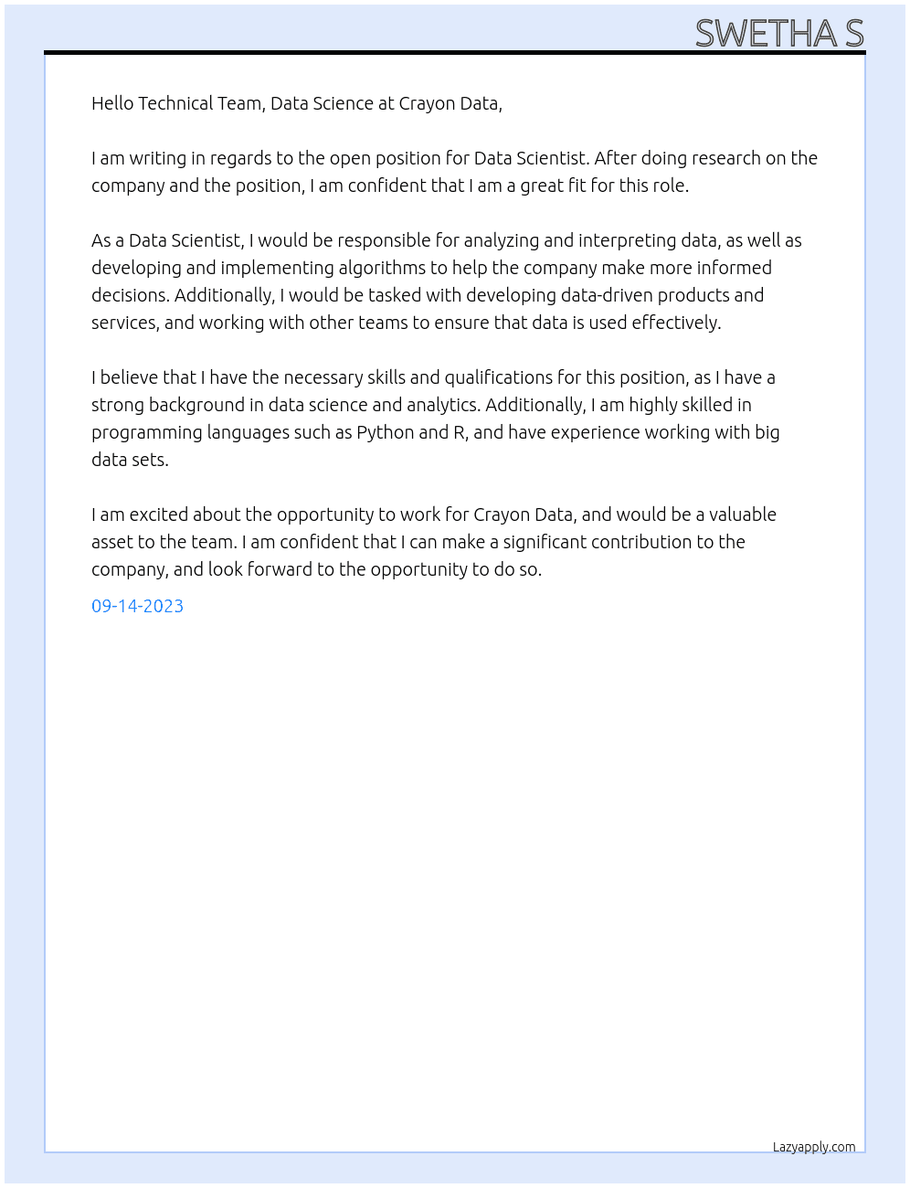 Data scientist  At Crayon Data Cover Letter