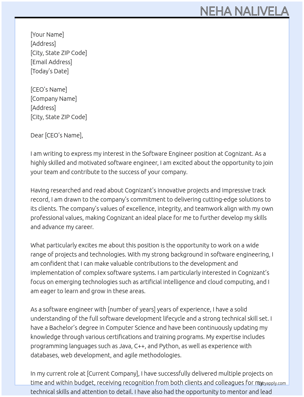 software engineer At congnizant Cover Letter