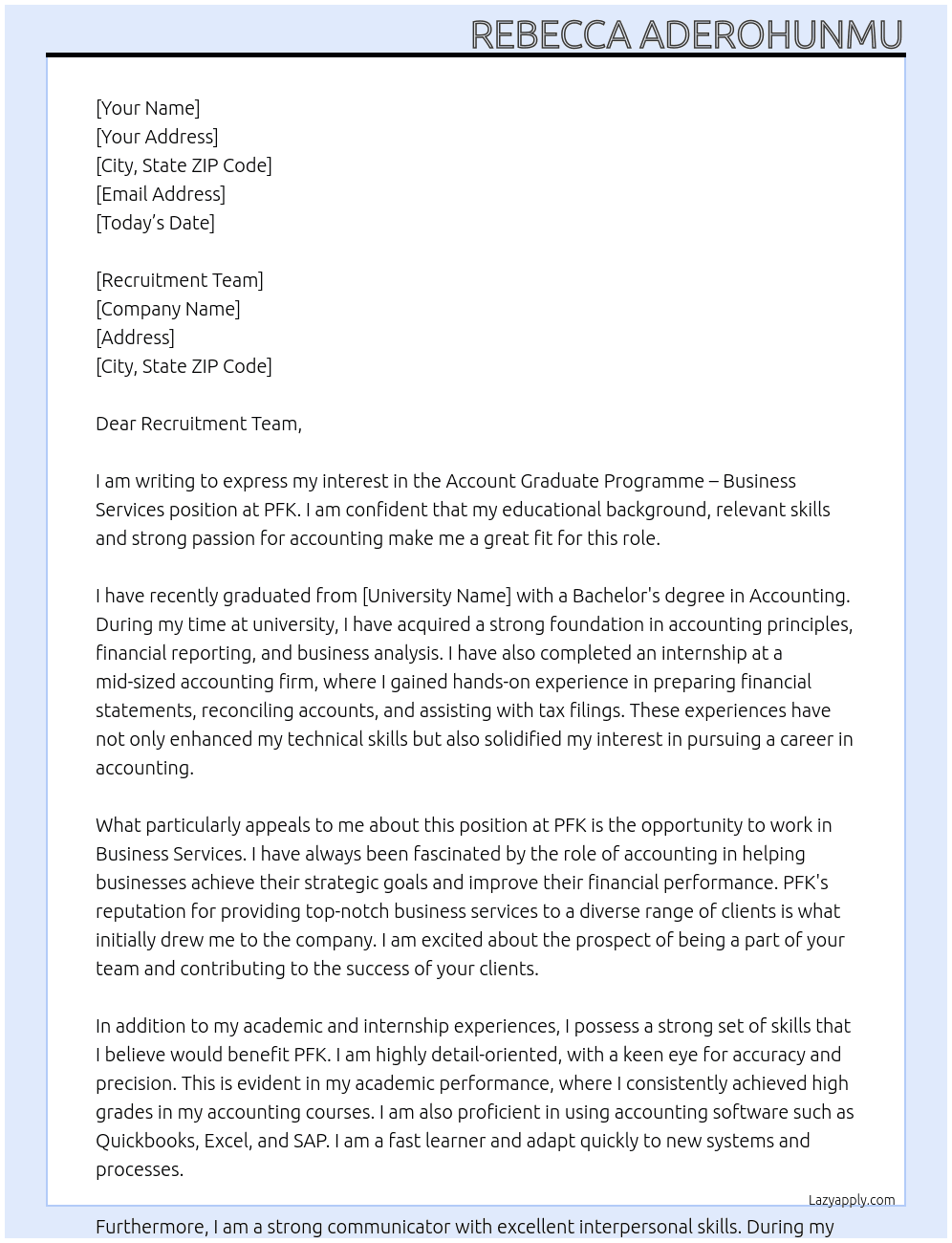 Account graduate programme; Business Services At PFK Cover Letter