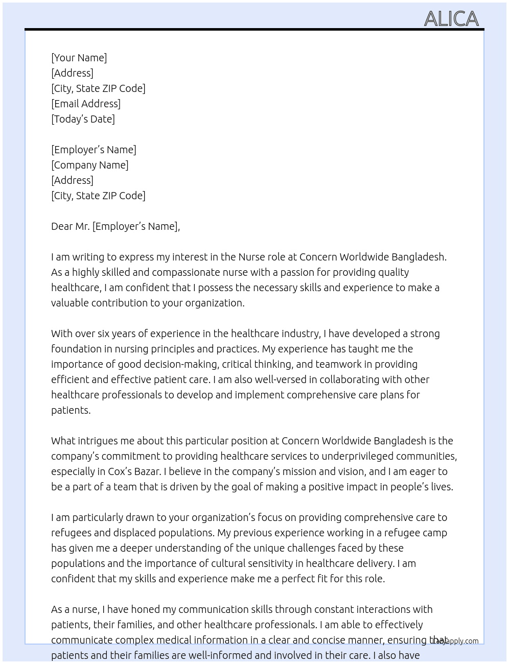 Nurse At Concern worldwide Bangladesh  Cover Letter