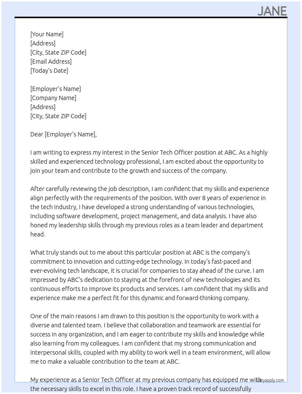 Cover letter for senior tech officer - LazyApply